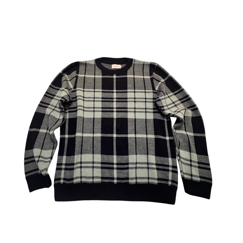 Topman Mens Large Navy Blue Plaid Crew Neck Knit Sweater‎